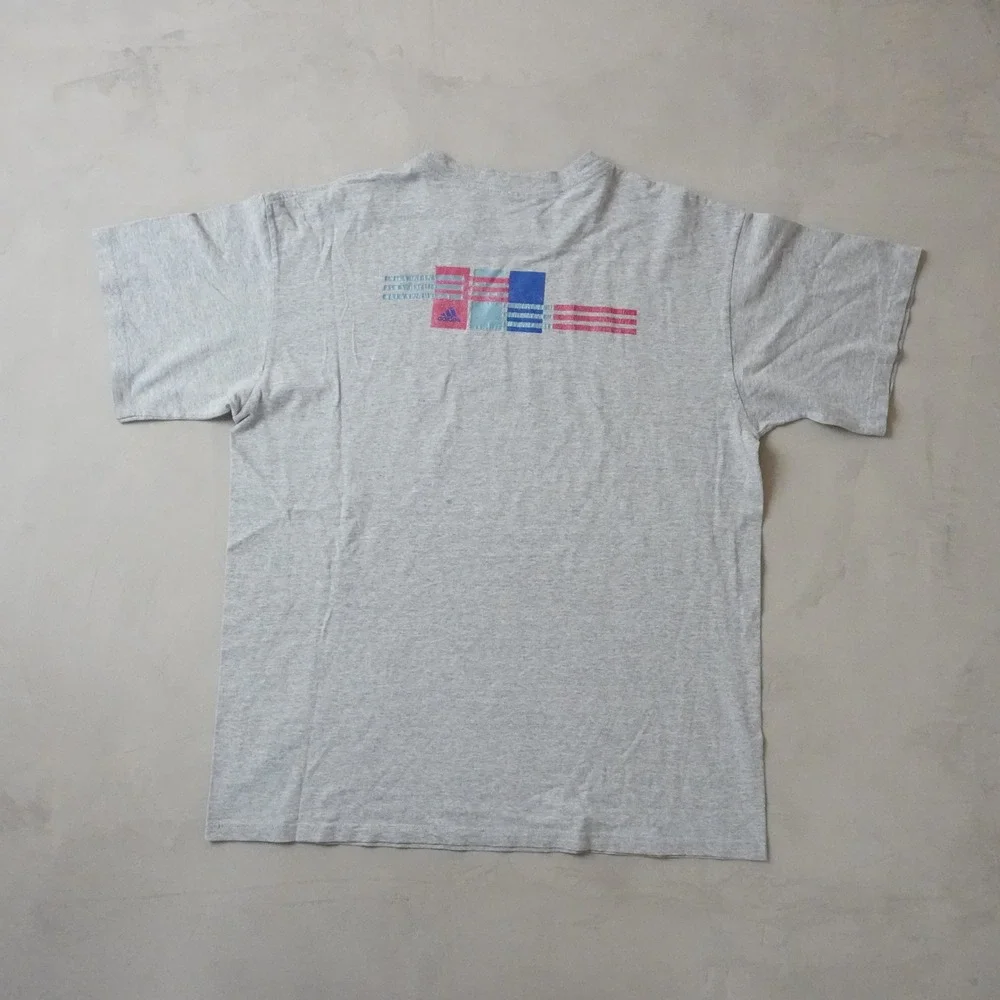 Vintage Adidas T-Shirt Large Mens 90s Gray Graphic 3 Stripe Geometric Sportswear